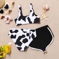 3pcs Kid Girl Vacation Cow Print Swimsuit Set Black