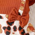 Baby Girl Flutter-sleeve Ribbed and All Over Leopard Splicing Bowknot Jumpsuit Caramel