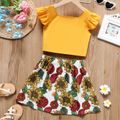 2pcs Kid Girl Square Neck Button Design Flutter-sleeve Blouse and Floral Print Skirt Set Ginger-2