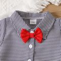 100% Cotton 2pcs Baby Boy Gentleman Bow Tie Plaid Short-sleeve Shirt and Suspender Denim Shorts Set Black