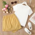 2pcs Kid Girl Letter Print Short-sleeve Tee and Button Desugn Irregular Plaid Skirt Set White
