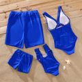 Family Matching Solid Fishnet Spliced One-Piece Swimsuit and Letter Print Swim Trunks Shorts PrussianBlue image 2