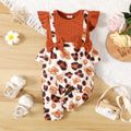 Baby Girl Flutter-sleeve Ribbed and All Over Leopard Splicing Bowknot Jumpsuit Caramel