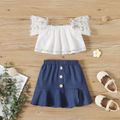 2pcs Toddler Girl Lace Design Ruffled Off Shoulder White Blouse and Button Design Denim Skirt Set ColorBlock