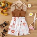 Kid Girl Floral Print Ribbed Button Design Belted Cami Rompers Caramel