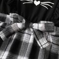 Kid Girl Cat Print Plaid Splice Belted Ruffled Short-sleeve Dress Black