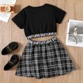 2pcs Kid Girl Letter Print Button Design Short-sleeve Black Tee and Plaid Skirt Set Black