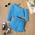 2pcs Toddler Girl Solid Color Ribbed One Shoulder Long-sleeve Tee and Ruffled Belted Shorts Set Blue