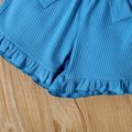 2pcs Toddler Girl Solid Color Ribbed One Shoulder Long-sleeve Tee and Ruffled Belted Shorts Set Blue