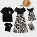 Family Matching Black Splice Leopard Off Shoulder Crisscross Front Short-sleeve Dresses and T-shirts Sets Black image 1