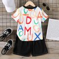 2pcs Kid Boy Colorful Letter Print Short-sleeve Tee and Ripped Denim Patchwork Shorts Set White image 5