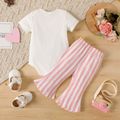2pcs Baby Girl Love Heart & Letter Print Ribbed Short-sleeve Romper and Striped Flared Pants Set Pink