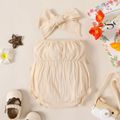 100% Cotton 2pcs Baby Girl Solid Knot Front Off Shoulder Strapless Romper with Headband Set Almond Beige image 3