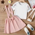 2pcs Kid Girl Cute Cat Print Ear Design Short-sleeve White Tee and Bowknot Design Pink Suspender Skirt Set Pink