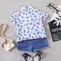 2pcs Baby Boy Waistcoat Faux-two Necktie Design Blue Floral Print Top and Solid Shorts Set Blue