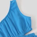 Family Matching Blue One Shoulder Cut Out Split Thigh Sleeveless Dresses and Colorblock Short-sleeve T-shirts Sets Blue