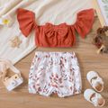 2pcs Baby Girl 100% Cotton Off Shoulder Ruffle-sleeve Bow Front Crop Top and Allover Leaf Print Shorts Set Brown image 1
