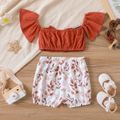 2pcs Baby Girl 100% Cotton Off Shoulder Ruffle-sleeve Bow Front Crop Top and Allover Leaf Print Shorts Set Brown