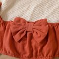 2pcs Baby Girl 100% Cotton Off Shoulder Ruffle-sleeve Bow Front Crop Top and Allover Leaf Print Shorts Set Brown image 4