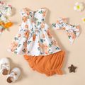 3pcs Baby Girl 100% Cotton Crepe Fill Trim Shorts and Allover Floral Print Tank Dress with Headband Set YellowBrown