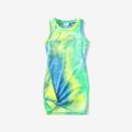 Tie Dye Round Neck Twist Knot Bodycon Tank Dress for Mom and Me Blue