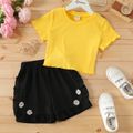 2pcs Kid Girl Ribbed Lettuce Trim Short-sleeve Tee and Floral Embroidered Ruffled Textured Shorts Set Black image 1