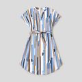 Family Matching Geometric Striped Notch Neck Short-sleeve Belted Dresses and Colorblock Short-sleeve T-shirts Sets lightbluewhite