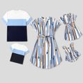 Family Matching Geometric Striped Notch Neck Short-sleeve Belted Dresses and Colorblock Short-sleeve T-shirts Sets lightbluewhite image 1