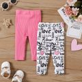 2-Pack Baby Girl Solid Ribbed and All Over Love Heart Letter Print Leggings Set Multi-color