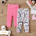 2-Pack Baby Girl Solid Ribbed and All Over Love Heart Letter Print Leggings Set Multi-color