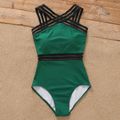Family Matching Webbing Spliced Halter Neck One-Piece Swimsuit and Colorblock Swim Trunks Shorts NewTurquoise