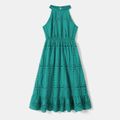 100% Cotton Solid Eyelet Embroidered Halter Neck Sleeveless Dress for Mom and Me GrayGreen