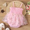 Baby Girl Pink Floral Applique Embroidered Mesh Spliced Shirred Cami Romper Pink