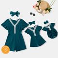 100% Cotton Crepe Lace Splicing Solid V Neck Ruffle Short-sleeve Romper Shorts for Mom and Me Turquoise