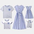 Family Matching Blue Striped V Neck Drop Shoulder Button Up Belted Dresses and Short-sleeve T-shirts Sets Blue image 1