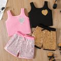 2pcs Kid Girl Heart Sequined Tank Top and Bowknot Design Shorts Set Black