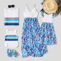 Family Matching Solid V Neck Spaghetti Strap Splicing Plant Print  Dresses and 100% Cotton Sleeveless Tank Tops Sets White