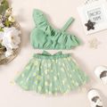 2pcs Baby Girl Green Ruffle Trim One Shoulder Tank Crop Top and Bow Front Allover Daisy Floral Print Mesh Skirt Set Light Green