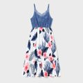 Family Matching Allover Floral Print Spliced Lace Cami Dresses and Short-sleeve Shirts Sets Blue