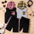 2pcs Kid Plaid Pocket Design Colorblock Sleeveless Hooded Tee and Elasticized Shorts Set Grey