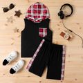 2pcs Kid Plaid Pocket Design Colorblock Sleeveless Hooded Tee and Elasticized Shorts Set Black image 1