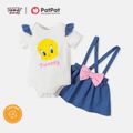 Looney Tunes 2pcs Baby Girl 95% Cotton Ruffle Short-sleeve Graphic Romper with Suspender Skirt/Pants Set ColorBlock image 1