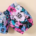 2pcs Baby Girl Swimwear Allover Floral Print Off Shoulder Puff-sleeve Shirred Crop and Ruffle Trim Shorts Set Purple