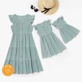 100% Cotton Ruffle Shoulder Solid Color Matching Midi Dresses Mint Green