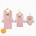 Ribbed Butterfly Print Mesh Long-sleeve Matching Pink Midi Dresses Pink