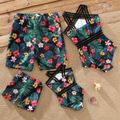 Family Matching Allover Tropical Plants Print Spliced Webbing One-Piece Swimsuit and Swim Trunks Shorts Black image 2