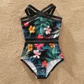 Family Matching Allover Tropical Plants Print Spliced Webbing One-Piece Swimsuit and Swim Trunks Shorts Black image 3