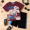 2pcs Kid Boy Letter Animal Dinosaur Print Short-sleeve Tee and Colorblock Shorts Set Reddishbrown