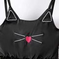 Kid Girl Cat Print Bowknot Design Heart Glitter Decor Mesh Splice Cami Dress Black