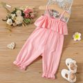 100% Cotton Baby Girl Floral Embroidered Flounce Cami Jumpsuit Pink